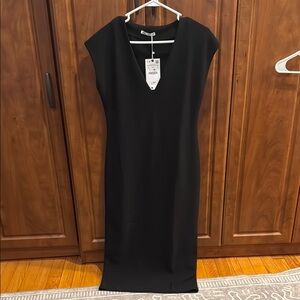 Zara Black Ribbed Midi Dress V-Neck Cap Sleeve